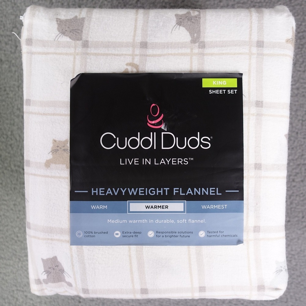 Cuddl Duds King Sheet Set Heavyweight Flannel Cat Plaid White Tan Grey 4pc New